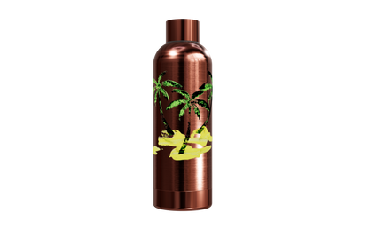 Roséfarbene Thermosflasche aus Edelstahl (550ml) mit Palmen- und Sand-Motiv. Doppelwandig und kupferisoliert.
