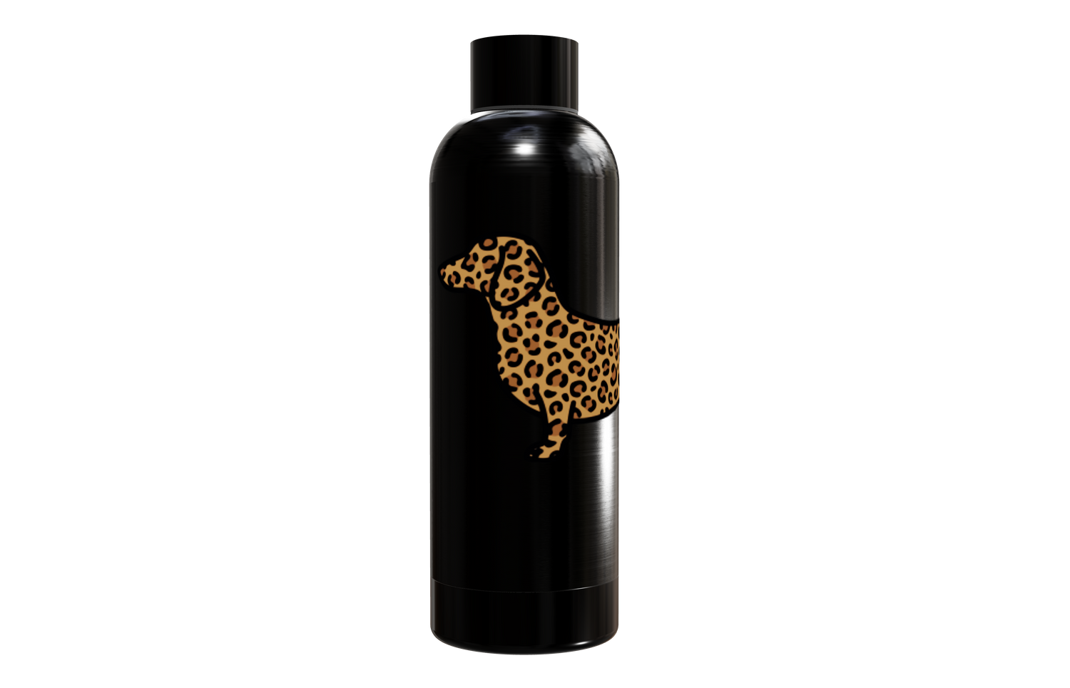 Schwarze Thermosflasche aus Edelstahl (550ml) mit einem Dackel-Motiv im Leo-Look. Doppelwandig und kupferisoliert von einzigartigbunt.