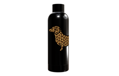 Schwarze Thermosflasche aus Edelstahl (550ml) mit einem Dackel-Motiv im Leo-Look. Doppelwandig und kupferisoliert von einzigartigbunt.