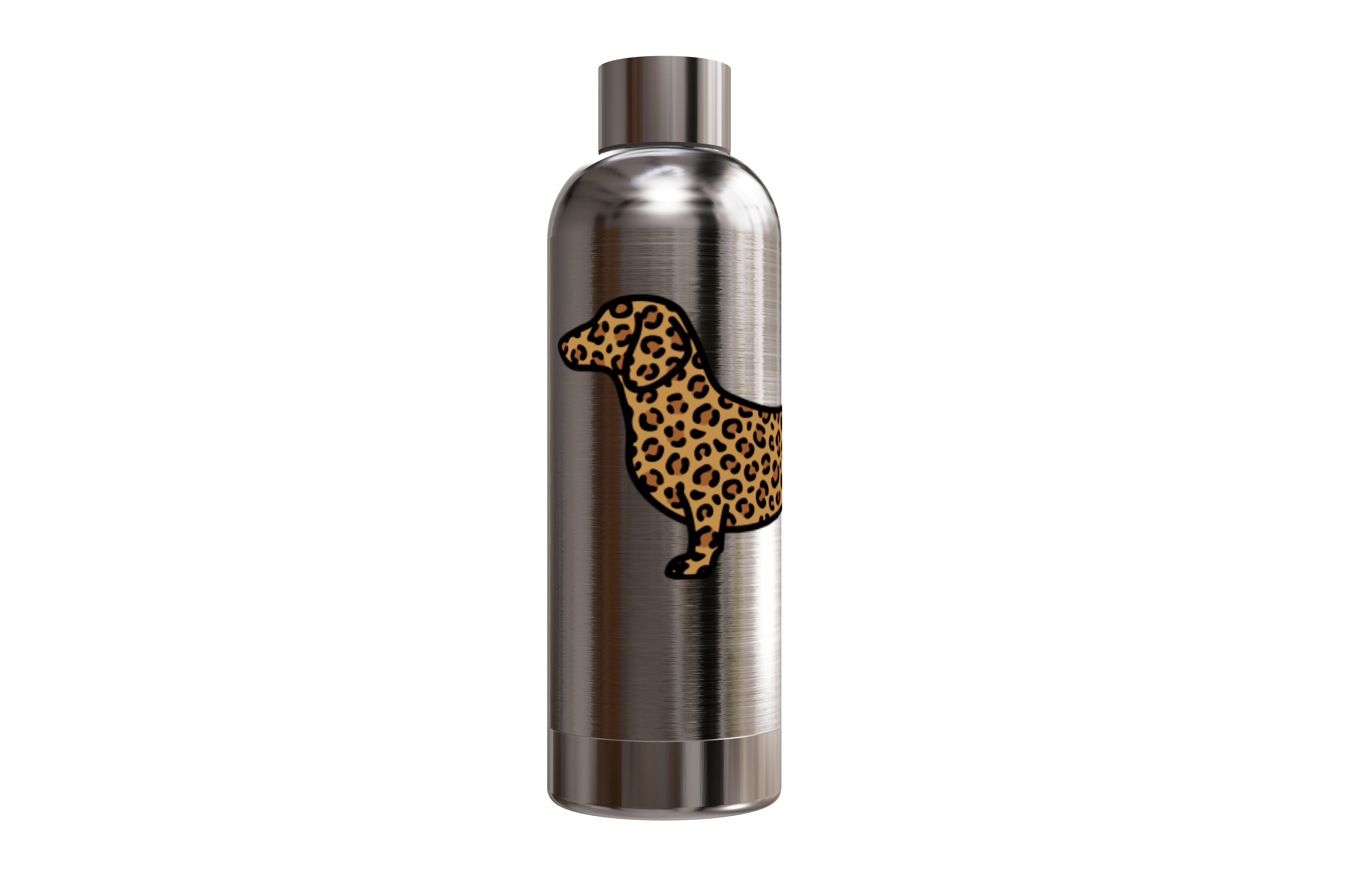 Silberne Edelstahl-Thermosflasche (550ml) mit modernem Leo-Look Dackel-Motiv. Auslaufsicher und doppelwandig isoliert von einzigartigbunt.