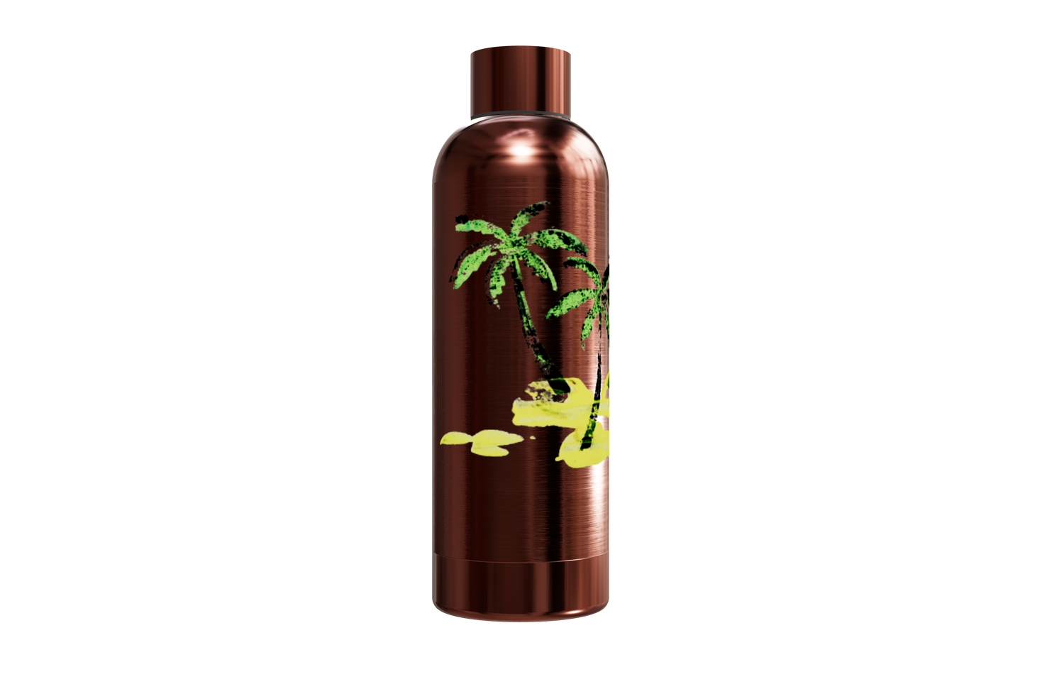 Roséfarbene Thermosflasche aus Edelstahl mit einem Palmen- und Sand-Motiv links von einzigartigbunt.