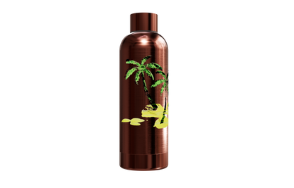 Roséfarbene Thermosflasche aus Edelstahl mit einem Palmen- und Sand-Motiv links von einzigartigbunt.