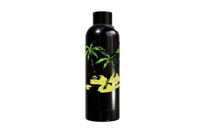 Schwarze Thermosflasche aus Edelstahl mit einem Palmen- und Sand-Motiv von einzigartigbunt.