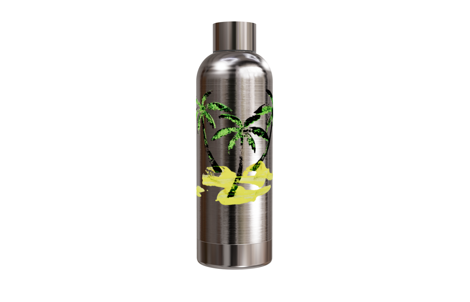 Silberne Thermosflasche aus Edelstahl mit einem Palmen- und Sand-Motiv von einzigartigbunt.