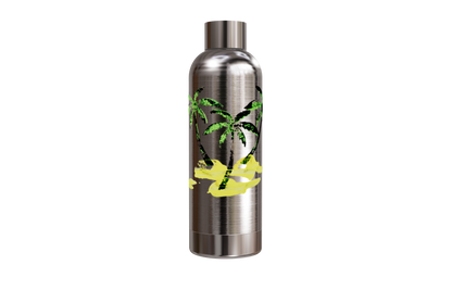 Silberne Thermosflasche aus Edelstahl mit einem Palmen- und Sand-Motiv von einzigartigbunt.