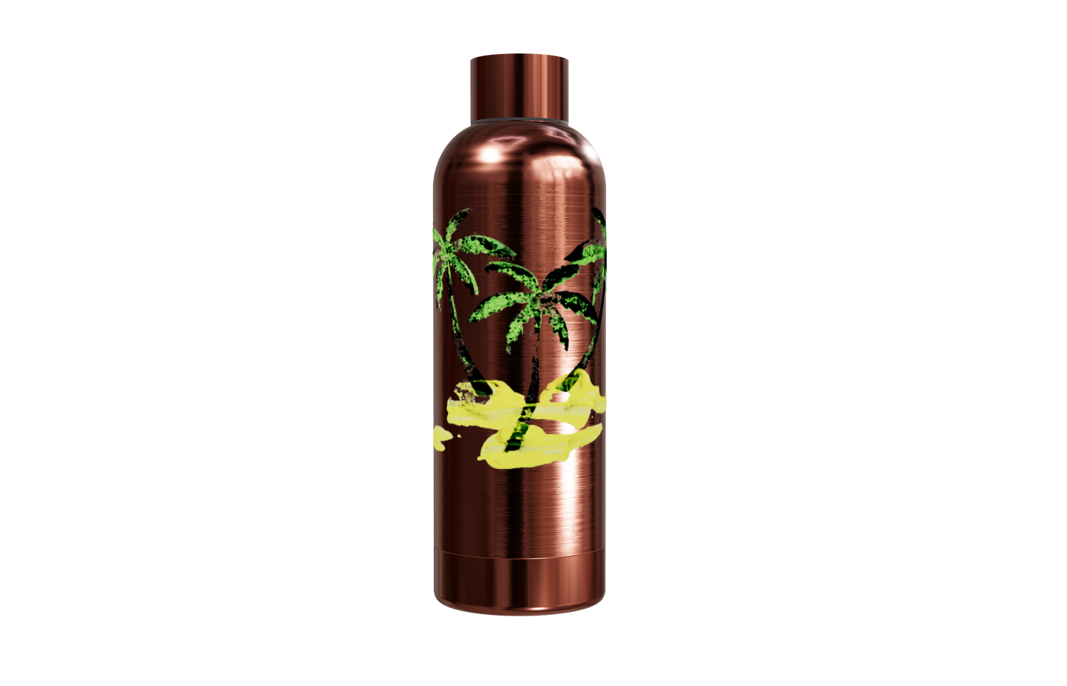 Roséfarbene Thermosflasche aus Edelstahl mit einem Palmen- und Sand-Motiv mittig von einzigartigbunt.
