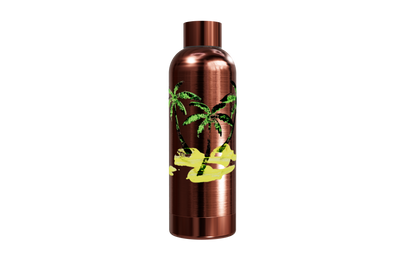 Roséfarbene Thermosflasche aus Edelstahl mit einem Palmen- und Sand-Motiv mittig von einzigartigbunt.