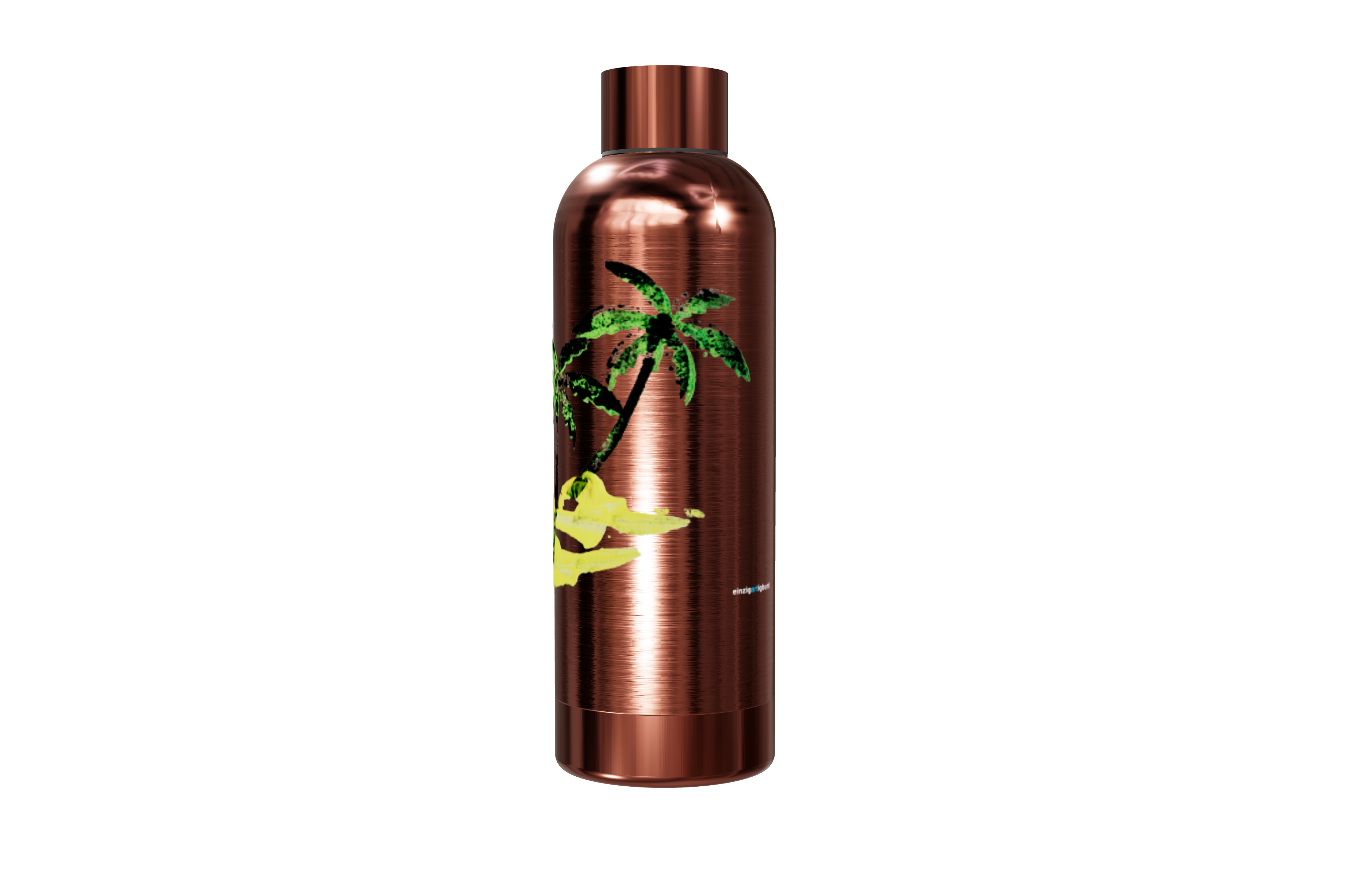 Roséfarbene Thermosflasche aus Edelstahl mit einem Palmen- und Sand-Motiv rechts von einzigartigbunt.
