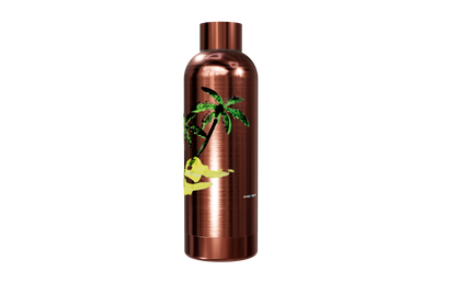 Roséfarbene Thermosflasche aus Edelstahl mit einem Palmen- und Sand-Motiv rechts von einzigartigbunt.