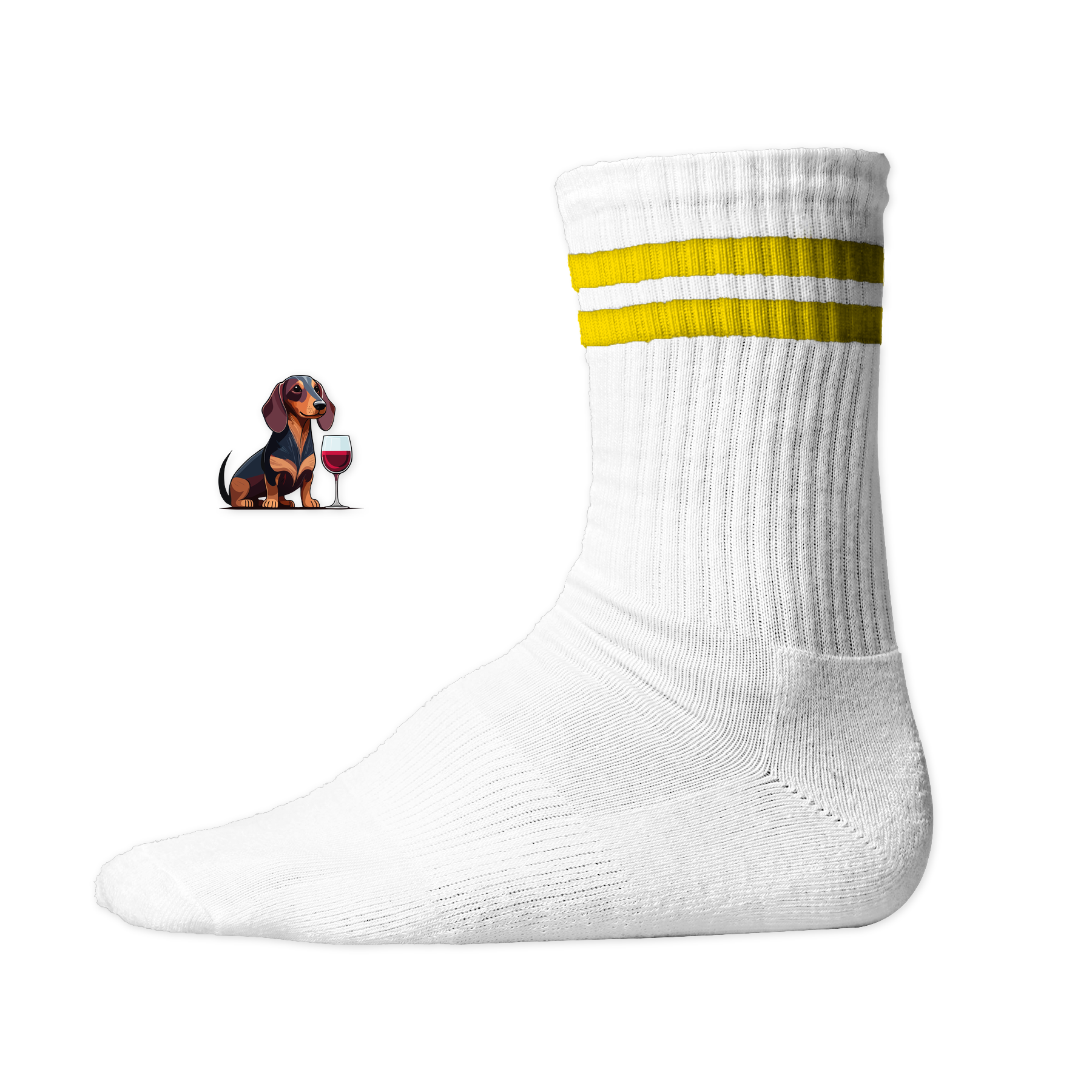 Weiße Socken mit gelben Streifen und Dackel-Motiv, nachhaltig – einzigartigbunt