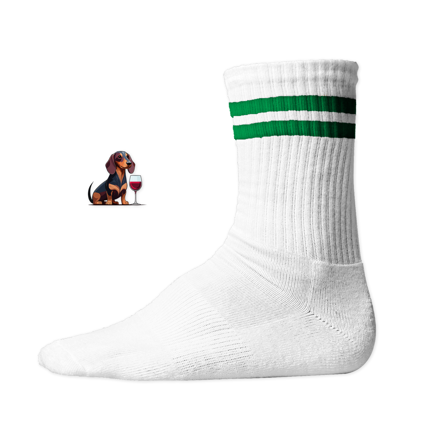 Weiße Socken mit grünen Streifen und Dackel-Motiv mit Wein, nachhaltig – einzigartigbunt