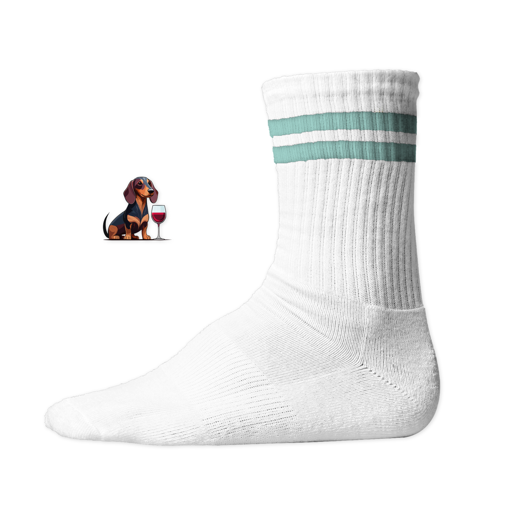 Weiße Socken mit mintgrünen Streifen und Dackel-Motiv mit Weinglas, nachhaltig – einzigartigbunt