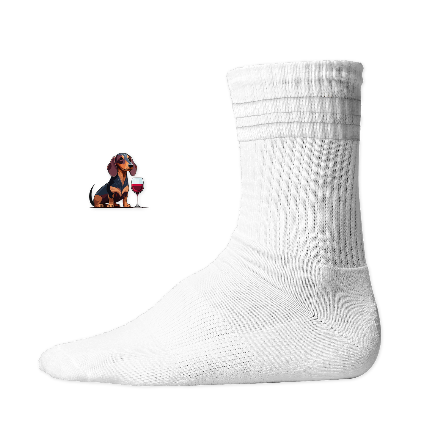 Weiße Socken mit Dackel-Motiv und Weinglas, nachhaltig – einzigartigbunt